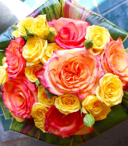Colorful Rose Bouquet with Leaves